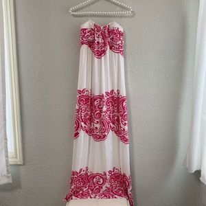 White hot pink paisley print strapless tube maxi